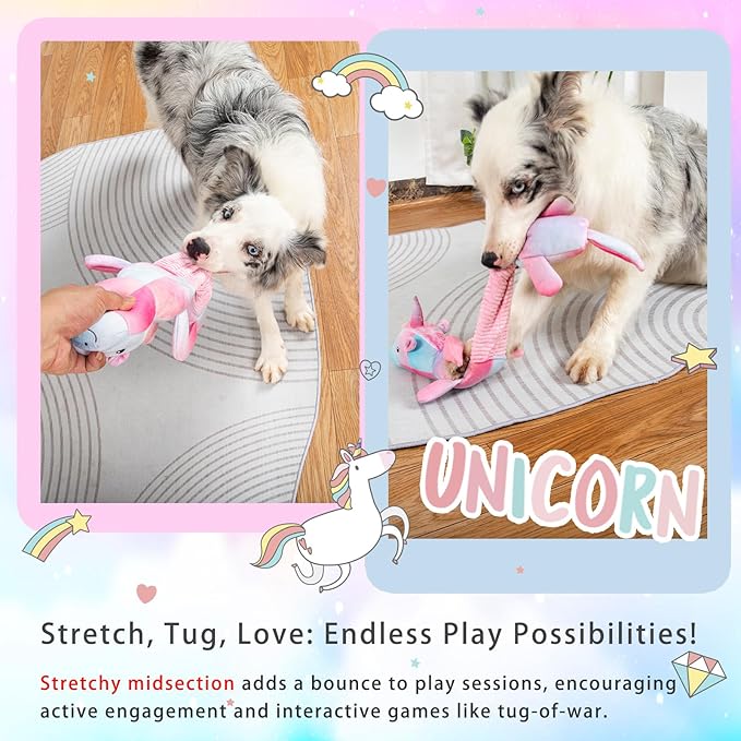 lilfrd Squeaky Crinkle Plush Unicorn Dog Toys, Dog Toys to Keep Them Busy, Tug of War & Pull Toys for Small, Medium Dogs Puppy