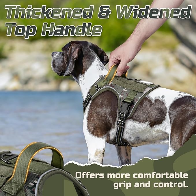 rabbitgoo Tactical Dog Harness for Large Dogs, No Pull Military Service Vest with Handle & Molle, Easy Control for Training Walking, Adjustable Reflective Straps, Green camo, L