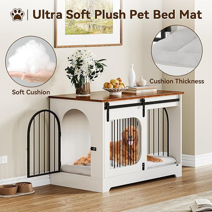 Dog Crate Furniture, 39.4 in Dog Kennel for Dogs Up to 70 LB, with Bed Mat, Heavy-Duty Dog Cage End Table, Three Doors Dog House, White/Brown