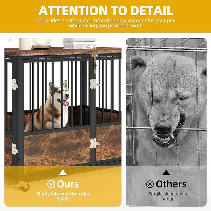 DWVO Dog Crate Furniture with Wheels, 43 Inch Dog Kennel Indoor Furniture End Table Dog Crate for Dogs, Farmhouse Decorative Wooden Dog Cage Table with Double-Doors, Chew-Resistant, Rustic Brown