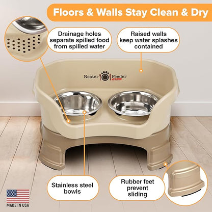 Neater Feeder Deluxe Mess-Proof Elevated Cat Bowls, 2 Height Adjustable (6” & 7.5”) No-Spill Raised Cat Bowl Stand, Whisker Friendly Stainless Steel Dishes for Indoor Cats, Made in USA, Cappuccino