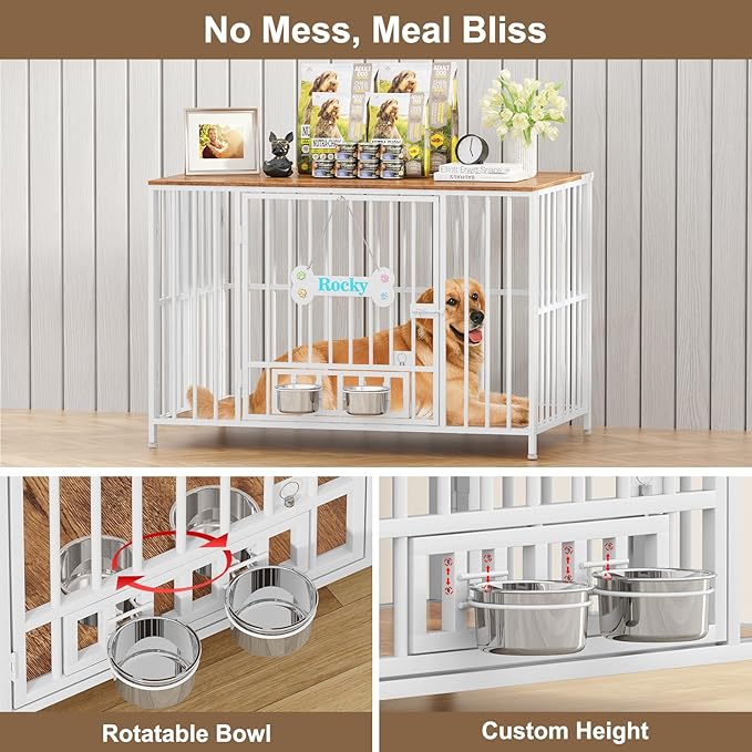 Easycom 43" Dog Crate Furniture Foldable, No Assembly Decorative Dog Kennel Indoor, XL Dog Crates for Large Dogs (60-80 lbs), Wooden Dog Cage with Adjustable Bowls and Name Tag, White & Beech