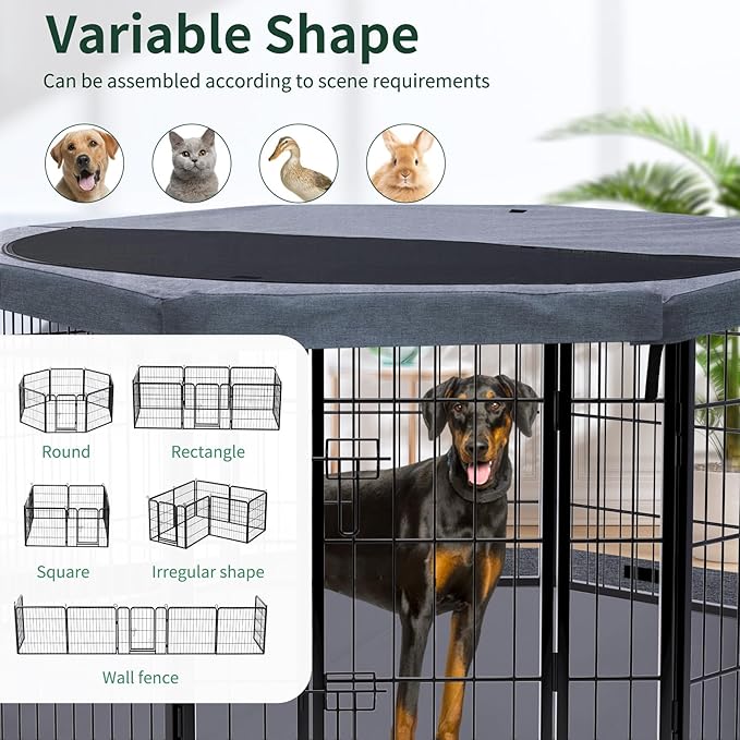 PETIME Dog Playpen,Metal Exercise Puppy Pen Heavy Duty Kennels Yard Fence Indoor/Outdoor 27" W x 32" H 8 Panels Dog Cage with Octagon Top Cover and Bottom Pad
