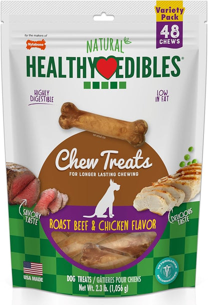 Nylabone Healthy Edibles Natural Dog Chews, Long Lasting Bones for Dogs, Roast Beef & Chicken Flavor Dog Treats, X-Small (48 Count)