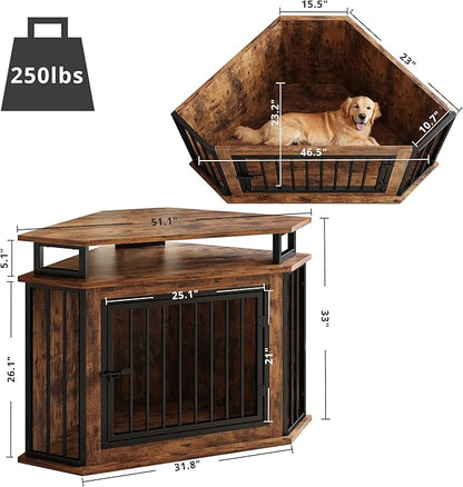 IRONCK Corner Wooden Dog Crate Furniture with 2-Tier Shelves, Pet Kennel for Large Dogs, Space-Saving Dog Cage for TV Stand, Rustic Brown (26.7" L x 51.2" W x 33.5" H)
