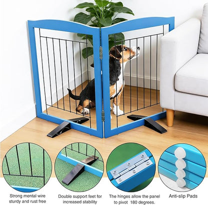 ZJSF Freestanding Dog Fence Indoor, Foldable Dog Gate for Doorways, Stairs or Hallways, Sturdy Wood Extra Wide Pet Gate with Support Feet for The House, Blue, 24 "Height-2 Panels
