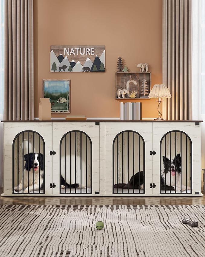 Hzuaneri 88.4" Dog Crate Furniture for 2 Dogs, Heavy Duty Indoor Dog Kennel TV Stand, XXL Wooden Dog Cage with Divider for Medium Large Dogs, End Table Dog Crate with Cushion, White Brown DFC84014BV1