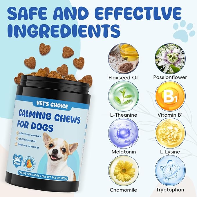 Calming Chews for Dogs: Dog Anxiety Relief Support - to Help Reduce Stress, Sleep Aid for Separation, Barking, Separation, Mental Wellbeing Postbiotic Blend 200 Soft Chews