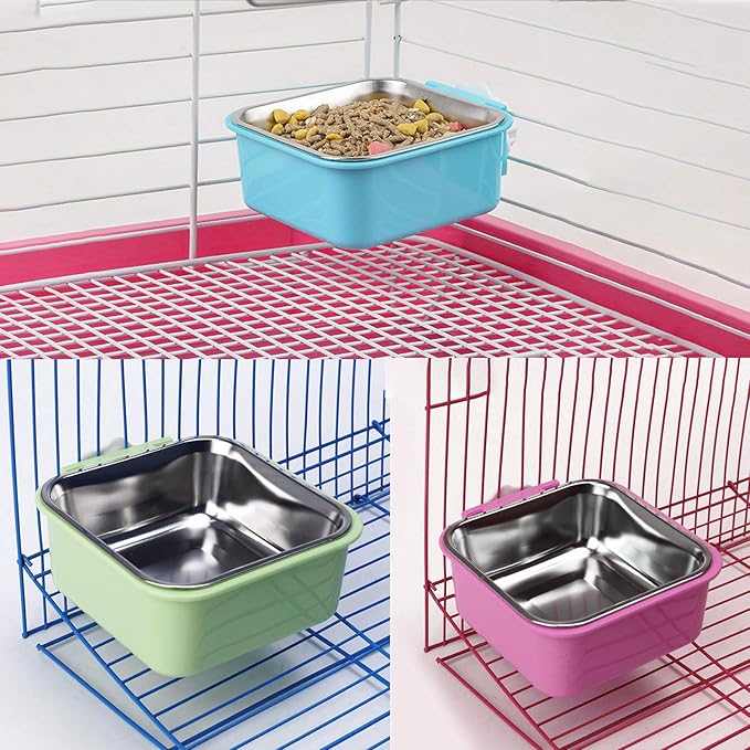 kathson 3PCS Crate Dog Bowl Hanging Cage Food Bowl Stainless Steel Removable Pet Food Spoon Water Feeder Bowls Coop Cup for Puppy Cat Bird Rabbit