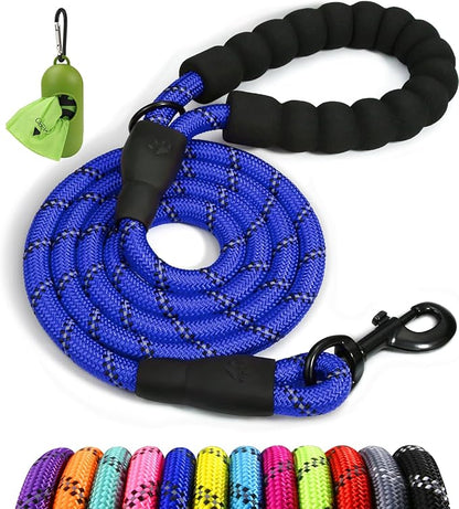 Taglory Rope Dog Leash 5 FT with Comfortable Padded Handle, Highly Reflective Threads Leash and Anti-Tangle Clip for Walking Small Dogs, 3/8 inch, Navyblue