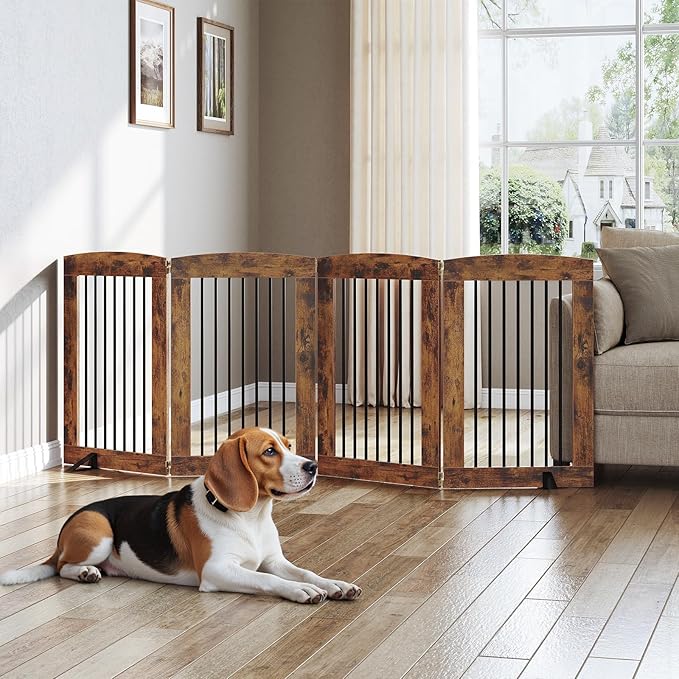 HOOBRO Indoor Dog Gate with Support Feet, 31.5 Inch 4 Panels, Freestanding Pet Gate for Doorway, Stairs, Folding Dog Fence, 360° Hinge for Easy Access, Sturdy Iron Pipe, Rustic Brown BF64PP03