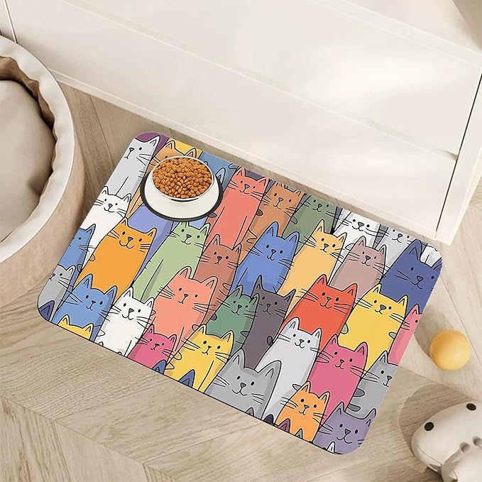 Funny Cats Family Dog Cat Food Mat,Absorbent Pet Feeding Mat for Food and Water,Non-Slip Dog Bowl Mats Floor Protector 12"x20"