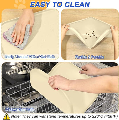 Silicone Pet Feeding Mat with Raised Edge for Food and Water, Dog Bowl Mats, Cat Bowls Placemat with High Lip for Floor Waterproof, Rubber Tray for Cats and Dogs 22 x 14 x 0.8 White Sand (Yellow Cast)