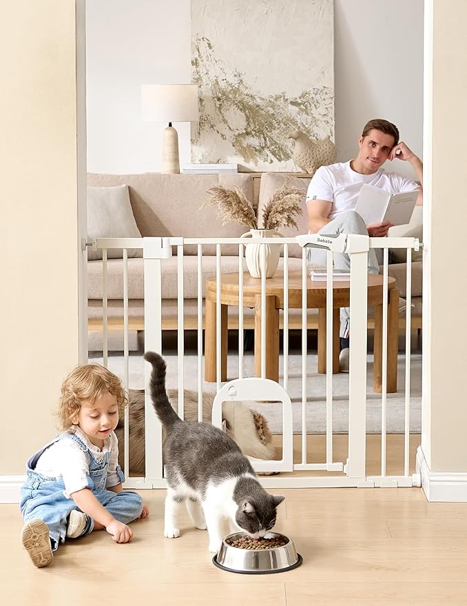 Babelio 29-48" Extra Wide Baby Gate with Adjustable Cat Door,Easy Install Pressure/Hardware Mounted,Auto Close Pet door for Stairs,House,Doorways,Effortless Walk Thru,White