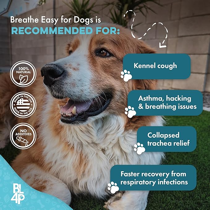 Breathe Easy Natural Cough Relief for Dogs - Gentle Dog Nasal Congestion and Sneezing Relief Plus Trachea and Airway Support Helps Senior & Brachycephalic Dogs Have Easier Days and More Restful Sleep