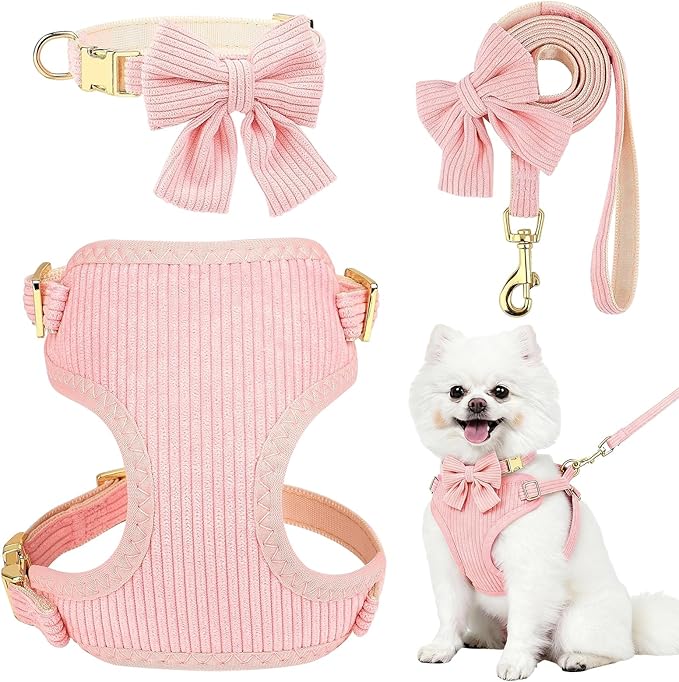 Small Dog Collar Harness and Leash Set, Dog Harness no Pull with Bowtie, Breathable Cotton Adjustable Pet Puppy Harness, Easy Walk Dog Harness, M(16-21")