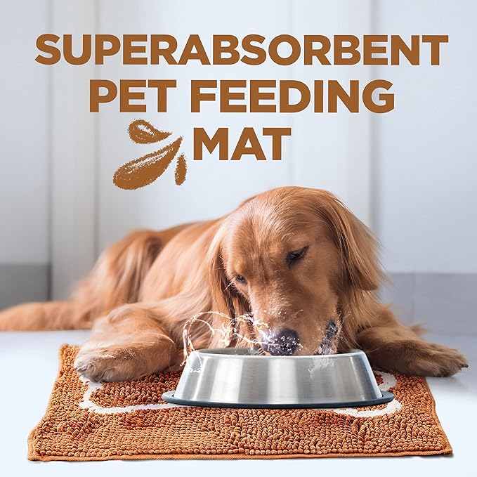 Soggy Doggy Slopmat Dog Food Mat – Absorbent Microfiber Chenille Pet Feeding Mat for Food & Water Bowls, Muddy Paws Small Doormat, Non-Slip, Machine Washable Rug – Caramel/Oatmeal Bone, 18” x 24”