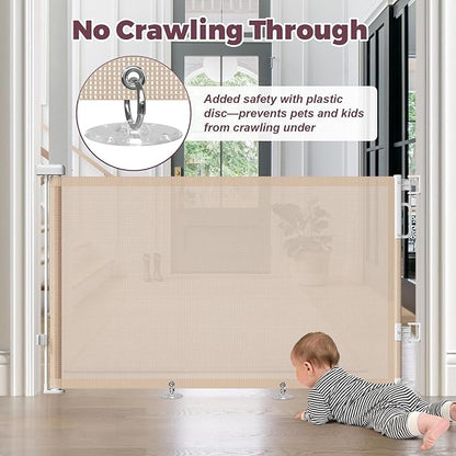 Retractable Baby Gate for Stairs, 55" Wide Mesh Dog Gate Indoor, 34" Tall Child Gate for Doorways, Hallways, Deck, Indoor Outdoor Pet Baby Safety Essentials for Home, Beige