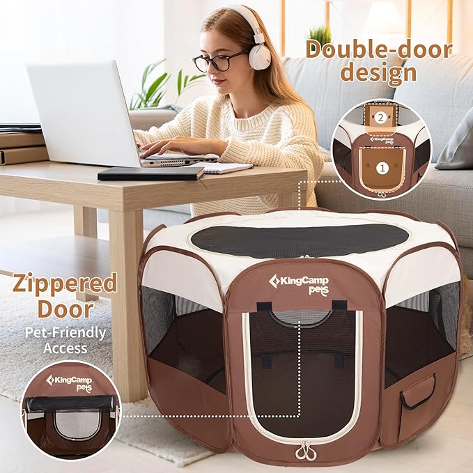 KingCamp Dog Playpen, Portable Foldable Cat Kitten Puppy Tent Crates 29"/36"/50" Pop Up Pet Playpen with Zippered Bottom & Cover for Indoor Outdoor Use (X-Large, Khaki)