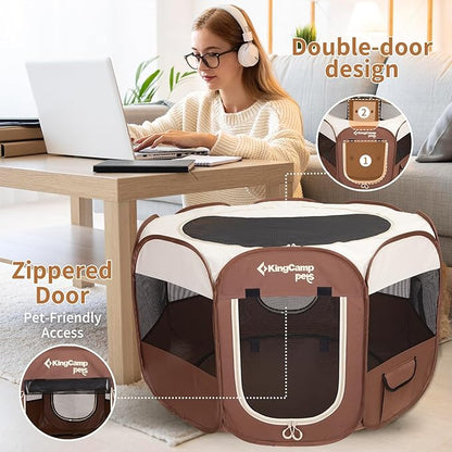 KingCamp Dog Playpen, Portable Foldable Cat Kitten Puppy Tent Crates 29"/36"/50" Pop Up Pet Playpen with Zippered Bottom & Cover for Indoor Outdoor Use (X-Large, Khaki)