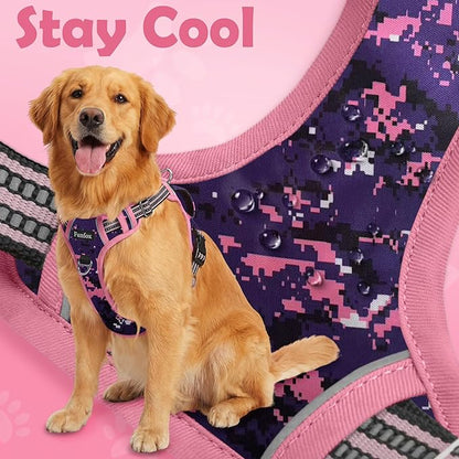 Funfox Dog Harness No Pull, Adjustable Pet Vest Harness, Super Soft Material with Vertical Handle Easy Control, Reflective Night Walking, 2 Leash Clips for Large Dogs, Mosaic Pink, L