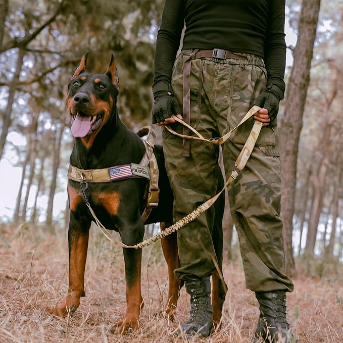 Forestpaw Tactical Dog Leash for Large Dogs,Heavy Duty Bungee Dog Leash with Shock Absorption,2 Padded Handles for Training Running Walking,Adjustable 4-5FT,Camo Brown