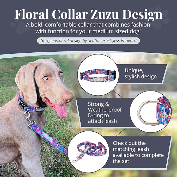 Lucky Love Dog - Adjustable Dog Collar with Easy Click Buckle for Medium Dogs, Durable, & Comfortable Collar for Male & Female Dogs, Pet Collar for Puppies & Adult Dogs - Zuzu, Medium