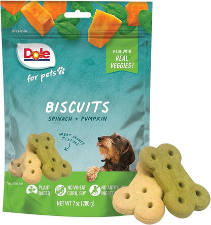 Dole for Pets Dog Biscuits Assorted Spinach + Pumpkin Mix, Real Vegetable Flavor Vegan Crunchy Treats, No Wheat Corn Soy or Artificial Additives, Bite Size Training Snacks for Dogs, 7 Oz