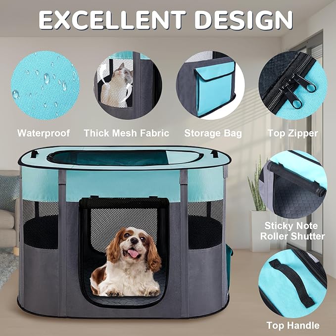 Pet Dog Cat Playpen with Waterproof Pad,Portable Puppy Kitten Rabbit Crate and Other Small Animals Kennel Cage Tent for Indoor Outdoor Travel Camping,Water-Resistant Breathable Shade Cover (Green S)