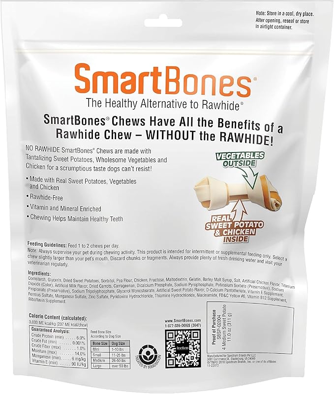 SmartBones Medium Chews With Real Sweet Potato, 4 Count, Rawhide- Free Chews For Dogs
