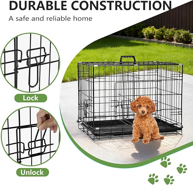 FDW 24-Inch Dog Crate Pet Cage with Metal Folding Design Plastic Tray Indoor Outdoor Dog Kennel Cage for Small Dogs,Dark Black