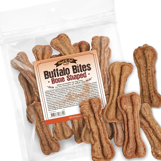 Gootoe Buffalo Dog Treats, Natural Low-Fat Chews for Training & Rewards, Limited Ingredient, Puppy Treats for Small Dogs & Puppies, Resealable Bag, Buffalo Bites Bone Shaped, 8 oz