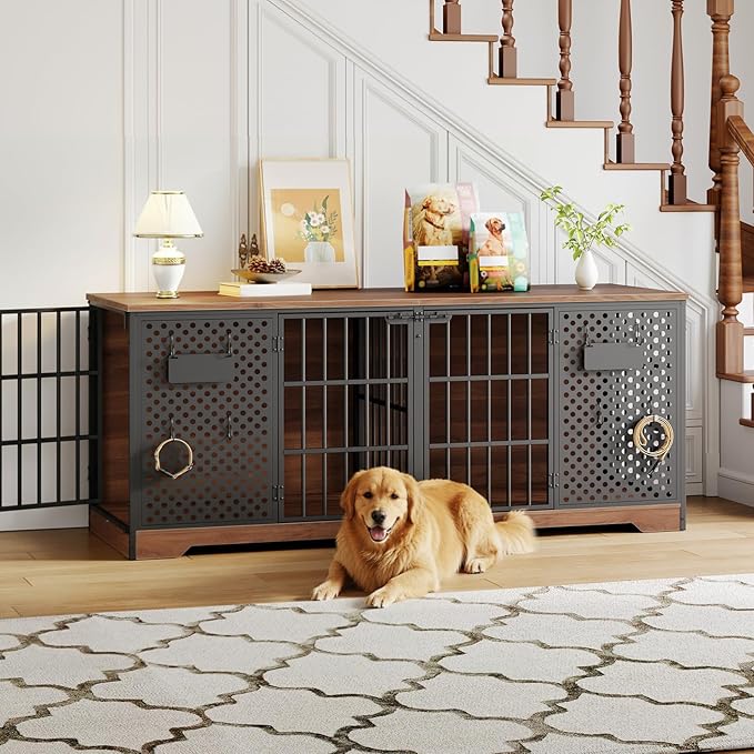 HOOBRO 71" Dog Crate Furniture for 2 Large Dogs, Heavy Duty Indoor Kennel with Removable Divider & Name Tags, TV Stand Cage Furniture for Medium & Large Dogs, Walnut & Black BH84GW03