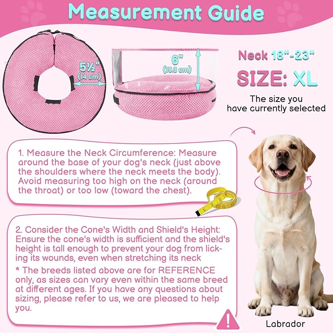 Soft Inflatable Dog Cone for Surgery Recovery, Protective Dog Donut Collar with Shield to Stop Licking Wounds, 2-in-1 Patented Comfort Blow-Up Collar (Pink, XL)
