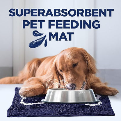 Soggy Doggy Slopmat Dog Food Mat – Absorbent Microfiber Chenille Pet Feeding Mat for Food & Water Bowls, Muddy Paws Small Doormat, Non-Slip, Machine Washable Rug – Navy Blue/Oatmeal Bone, 18” x 24”
