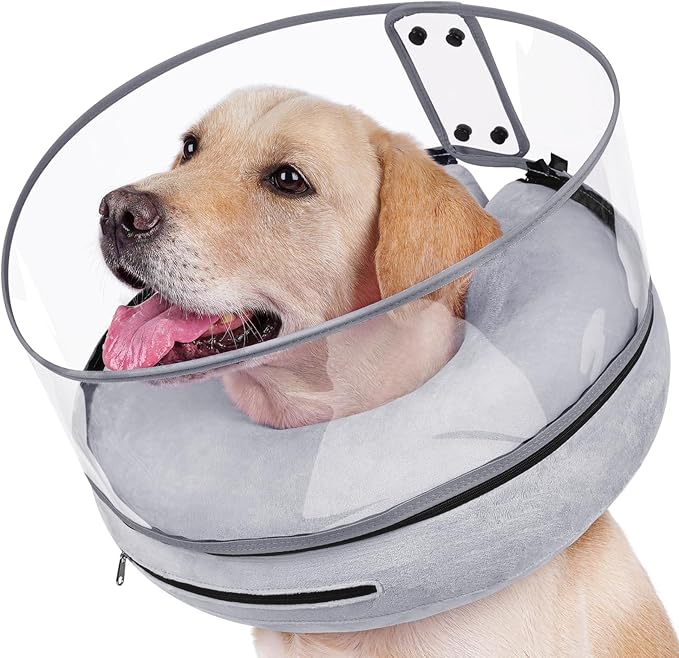 BARKLESS Inflatable Dog Cone, Protective Dog Surgery Collar to Stop Licking Biting Wounds, Patented Soft Donut Cone with Clear Shield, Adjustable Blow-up Collar for Surgery Recovery (Grey, S)