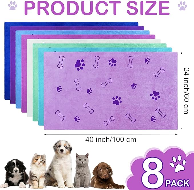 Chumia 8 Pcs Dog Towels for Drying Dogs Cats Pet Towels Bulk Puppy Microfiber Fast Drying Paw Bath Bathing Supplies Absorbent for Medium Pets(40 x 24 Inch,Dog Paw and Bone,Classic Color)