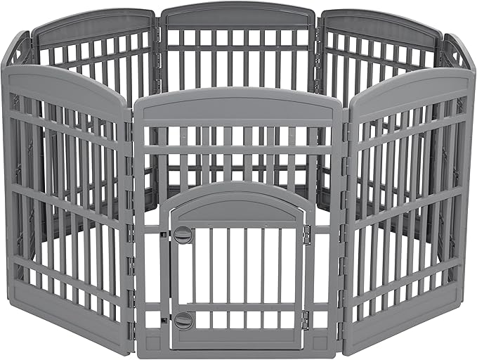 IRIS USA 34" Dog Playpen Tall Dog Playpen Indoor – 8-Panel Puppy Playpen with Door, 63 x 63 x 34, Extra Tall Dog Play Pen Indoors for Large Dogs, Plastic Pet Playpen, Indoor Dog Pen, Gray