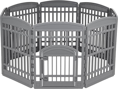 IRIS USA 34" Dog Playpen Tall Dog Playpen Indoor – 8-Panel Puppy Playpen with Door, 63 x 63 x 34, Extra Tall Dog Play Pen Indoors for Large Dogs, Plastic Pet Playpen, Indoor Dog Pen, Gray