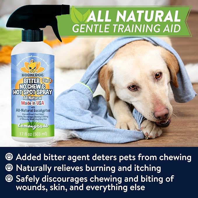 Bodhi Dog Bitter 2-in-1 No Chew & Hot Spot Spray - Natural Anti-Chew Remedy Better Than Bitter Apple - Soothes Hot Spots, Deters Chewing - Safe for Skin, Wounds & Furniture- Made in USA (17 Fl Oz)