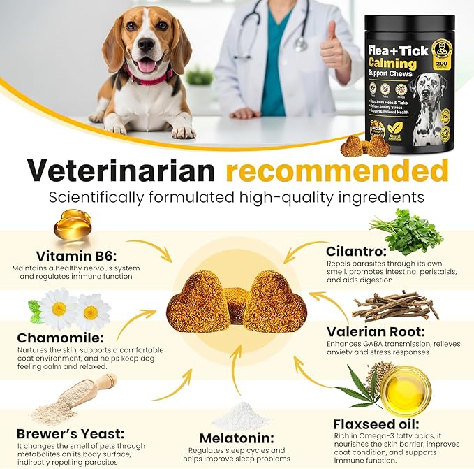 Dog Flea and Tick Treatment Chewable with Calming Supplements 200 Count Oral Fleas Ticks Chewables Support Suitable for All Breeds Ages Reduces Anxiety, Itch, and Sleep Support - Chicken Flavor