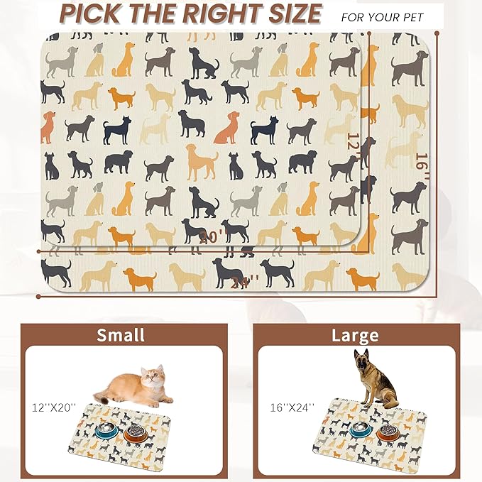 Cute Dog Cat Food Mat,Color Silhouette Absorbent Pet Feeding Mat with Rubber Backing,Non-Slip Water Bowl Placemat,Indoor Pet Accessories Supplies 16"x24"