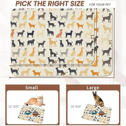 Cute Dog Cat Food Mat,Color Silhouette Absorbent Pet Feeding Mat with Rubber Backing,Non-Slip Water Bowl Placemat,Indoor Pet Accessories Supplies 16"x24"