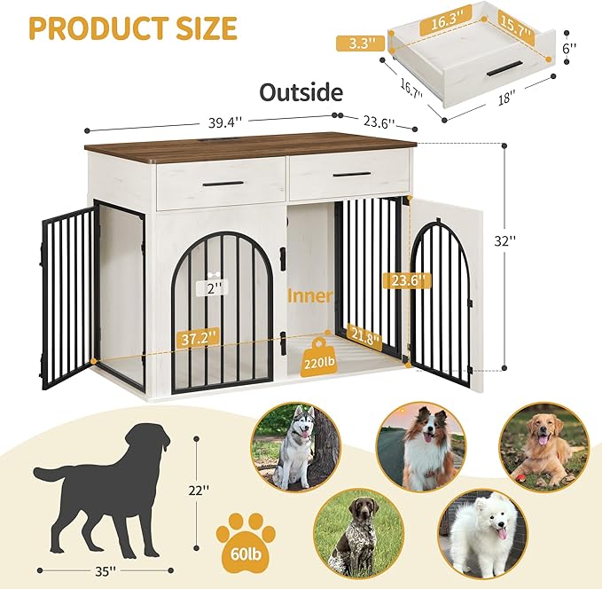 Hzuaneri 39.4'' Large Dog Crate Furniture with 2 Storage Drawers, Heavy Duty Dog Kennel Indoor with Charging Station, Wooden Dog Cage End Table Kennel for Medium/Large Dogs, White Brown DFC84214B