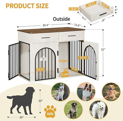 Hzuaneri 39.4'' Large Dog Crate Furniture with 2 Storage Drawers, Heavy Duty Dog Kennel Indoor with Charging Station, Wooden Dog Cage End Table Kennel for Medium/Large Dogs, White Brown DFC84214B