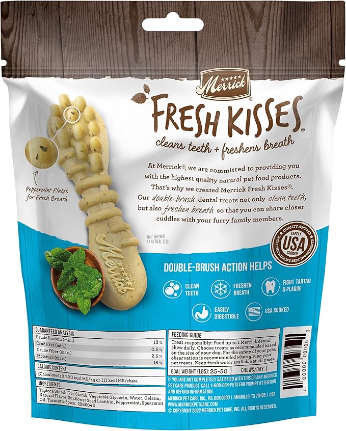 Merrick Fresh Kisses Natural Dental Chews Toothbrush Shape Treat Infused With Real Mint Medium Dogs - 6 ct. Bag