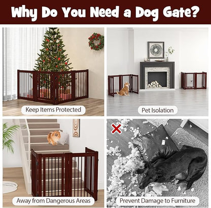 Giantex Dog Gate with Door - 30''H × 80''W Wooden Pet Gate with Walk Through Door, Foldable Freestanding 4 Panels Pet Safety Fence Extra Wide for Doorway Stairs House Deck Yard, Dark Cherry Brown