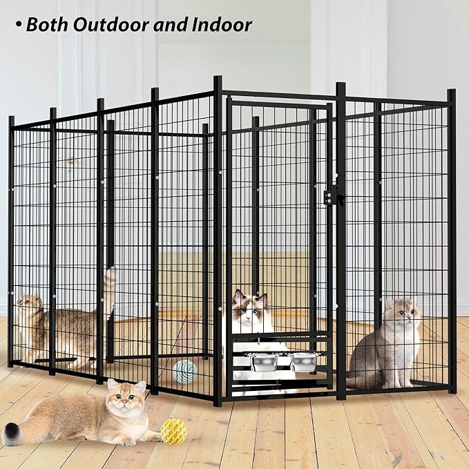 Large Outside Dog Kennel, Outdoor Dog Run Enclosure 8'x4'x6'（Including The roof） Dog Pen House with Roof Cover Heavy Duty Welded Wire Steel Dog Playpen Animal Fence with Feeding Door