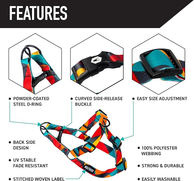 Wolfgang Heavy Duty Adjustable Dog Harness, Pull-Tested to Over 800 lbs for Walking & Training, ShatterShapes Print, Medium
