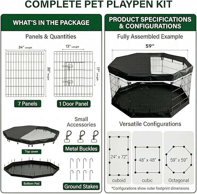 PJYuCien Dog Playpen with Top Cover and Bottom Pad - Metal Foldable Exercise Pen, 8 Panels 30" H x 24" W Indoor Outdoor Pet Fence Puppy Crate Kennel, Black